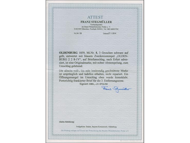3 Sgr. auf gelb mit blauem DKr. “OLDENBURG 2.2." auf Briefkuvert der 3. Entfernungszone nach Erfurt mit Ausgabestempel. Der U