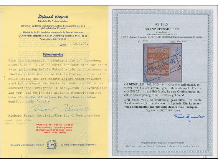 ¼ Gr. gelblichorange mit blauem Rahmenstempel “OVELGÖNNE 22.1.” auf Briefstück. Die Marke ist an drei Seiten voll- bis breitr