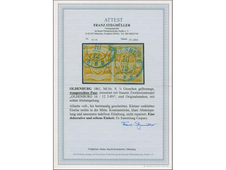 ¼ Gr. Gr. gelblichorange im waagerechten Paar mit doppelt aufgesetztem DKr. “OLDENBURG 16.12.”. Das farbfrische Paar ist alls