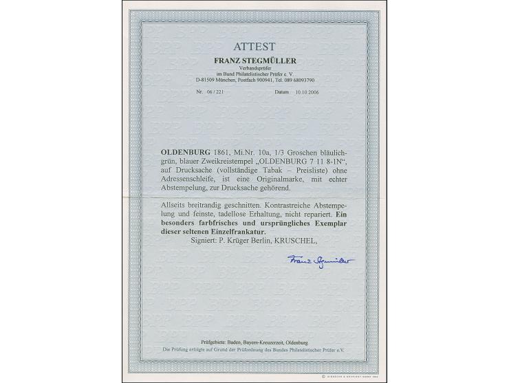 ⅓ Gr. bläulichgrün, farbfrisch und allseits außerordentlich breitrandig mit klarem DKr. “OLDENBURG 7.11” auf Drucksache (voll