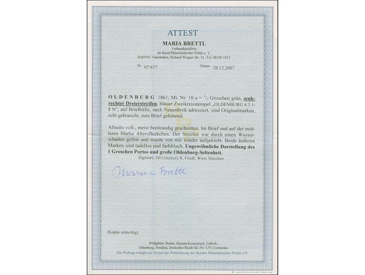 ⅓ Gr. gelblichgrün im senkrechten Dreierstreifen, allseits voll- bis breitrandig geschnitten, mehrfach mit klarem DKr. “OLDEN