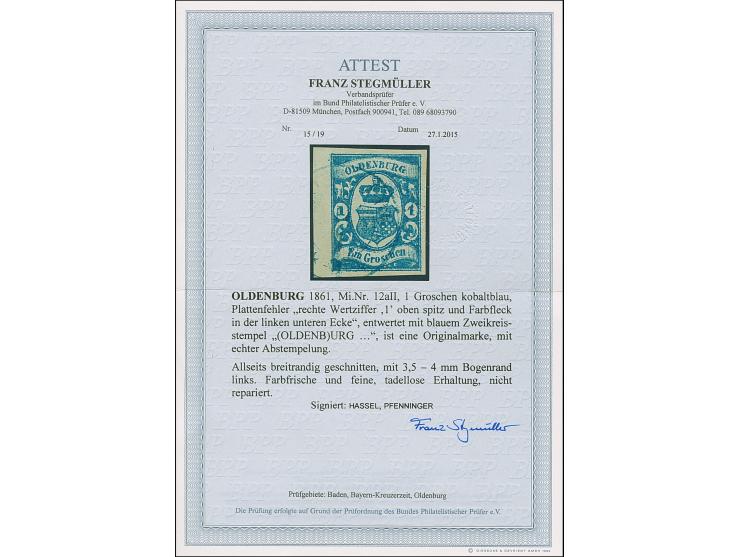 1 Gr. kobaltblau mit Plattenfehler “rechte Wertziffer 1 oben spitz und Farbfleck in der linken unteren Bogenecke” , mit blaue