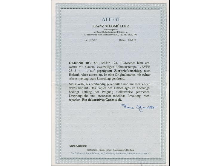 1 Gr. blau mit blauem Rahmenstempel “JEVER 23.3.” als tarifgerechte Einzelfrankatur auf geprägtem Zierbriefumschlag nach Hohe