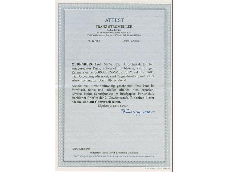 1 Gr. dunkelblau im waagerechten Paar mit blauem Rahmenstempel “GROSSENMEER 20.2.” als tarifgerechte Mehrfachfrankatur auf Fa