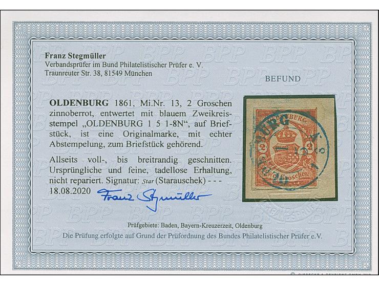 2 Gr. zinnoberrot, farbfrisch und allseits voll- bis breitrandig mit blauem DKr. “OLDENBURG 1.5.” auf Briefstück in tadellose