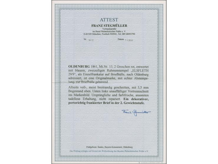 2 Gr. rot, farbfrisch und allseits voll- bis breitrandig mit 3,5 mm Bogenrand oben, sauber mit blauem Rahmenstempel “ELSFLETH