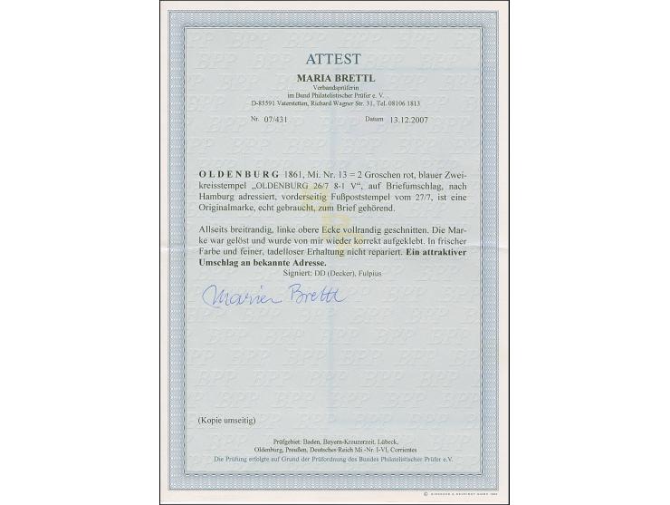 2 Gr. rot mit blauem DKr. “OLDENBURG 26.7.(62)” als tarifgerechte Einzelfrankatur auf kleinformatigem Briefkuvert nach Hambur
