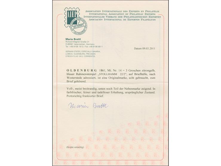 3 Gr. zitronengelb, farbfrisch und allseits voll- bis überrandig mit Teil der Nachbarmarke unten, mit blauem Rahmenstempel “S