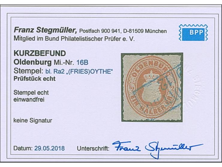 ½ Gr. orange mit Durchstich 10, sauber mit blauem Rahmenstempel “(FRIESS(OYTHE)…12” entwertet, in einwandfreier Erhaltung, Ku