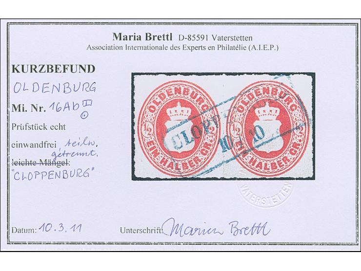 ½ Gr. dunkelrotorange mit Durchstich 11¾ im waagerechten Paar mit blauem Rahmenstempel “CLOPPENBURG 10.10.”. Das farbfrische 