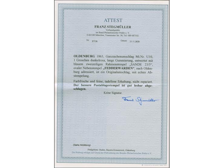 “FEDDERWARDEN” ovaler Postablagestempel klar auf Ganzsachenumschlag 1 Gr. &nbsp;dunkelrosa mit blauem Rahmenstempel “SANDE 23