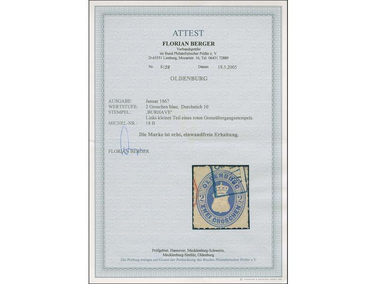 2 Gr. blau mit Durchstich 10, farbfrisch mit blauem Rahmenstempel “(BURH)AVE…6.” und kleinem Teil eines roten Transitstempels