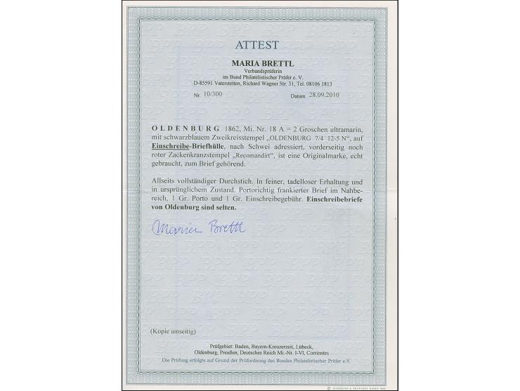 2 Gr. ultramarin mit Durchstich 11¾ und klarem, blauen DKr. “OLDENBURG 7.4.” als tarifgerechte Einzelfrankatur auf R-Briefhül