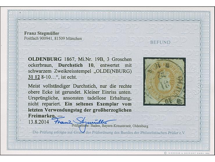 3 Gr. ockerbraun mit Durchstich 10 und schwarzem DKr. “(OLDE(NBURG) 31.12. (67)” vom LETZTTAG. Die farbfrische Marke hat klei