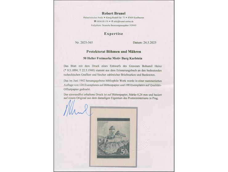 1939, Landschaften Burg Karlstein 50h., Entwurfszeichnung, schwarzer Druck auf Büttenpapier (128x161mm), aus dem Erinnerungsb