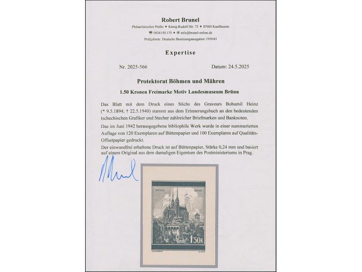 1939, Landschaften Landesmuseum Brünn 1,50K., Entwurfszeichnung, schwarzer Druck auf Büttenpapier (128x175mm), aus dem Erinne