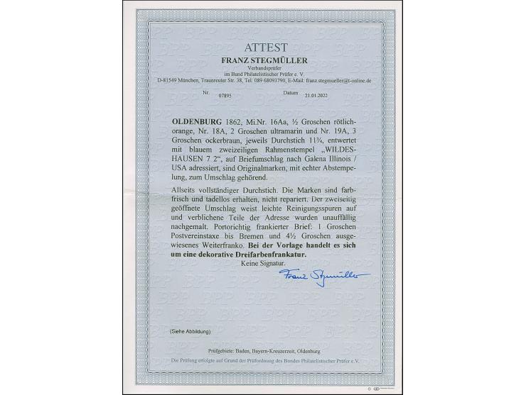 ½ Gr. rötlichorange, 2 Gr. ultramarin und 3 Gr. ockerbraun je mit Durchstich 11¾ und blauem Rahmenstempel “WILDESHAUSEN 7.2."