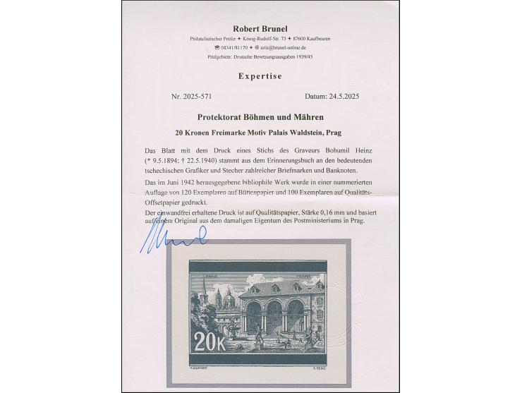 1939, Landschaften Palais Waldsytein, Prag 20 K., Entwurfszeichnung, schwarzer Druck auf Büttenpapier (121x05mm), aus dem Eri