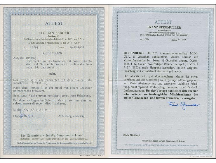 1861/62, Umschlag ½ Gr. dunkelbraun mit tarifgerechter Zufrankatur Ausgabe 1862 ½ Gr. orange mit Durchstich 11¾ und blauem Ra