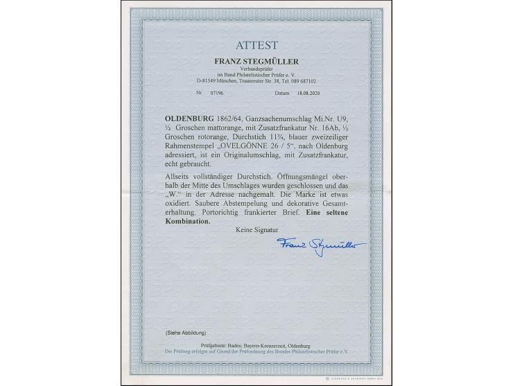 1862/64, Umschlag ½ Gr. mattorange mit tarifgerechter Zufrankatur Ausgabe 1862 ½ Gr. rotorange mit Durchstich 11¾ und blauem 