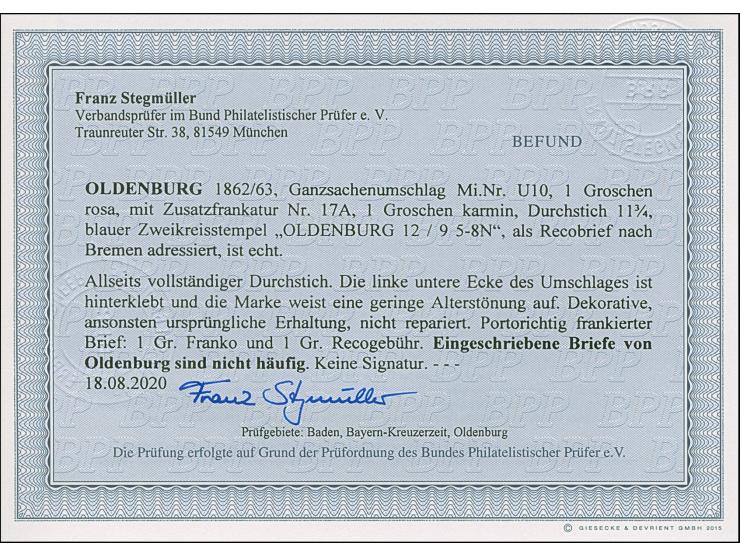 1862/63, Umschlag 1Gr. rosa mit tarifgerechter Zufrankatur Ausgabe 1862 1 Gr. karmin mit Durchstich 11¾ und übergehendem blau