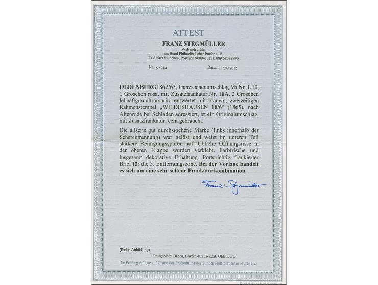 1 Gr. Umschlag 1 Gr. rosa mit tarifgerechter Zufrankatur 2 Gr. lebhaftgrauultramarin mit Durchstich 11¾ und mit blauem, überg