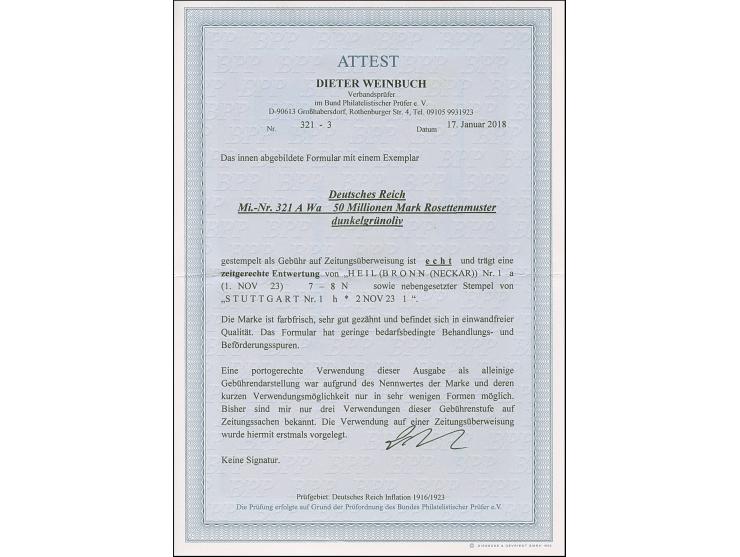 Korbdeckel 50 Mio. M. gezähnt mit Stempel “HEILBRONN 1.NOV.23” als tarifgerechte Einzelfrankatur auf Postsachen-Vordruckkarte