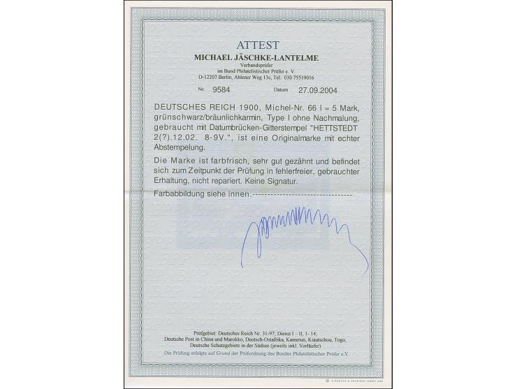 1900, Reichspost 5 M. ohne Nachmalung, farbfrisch und sehr gut gezähnt, sauber entwertet "HETTSTEDT 2.. 12.02". Einwandfrei. 