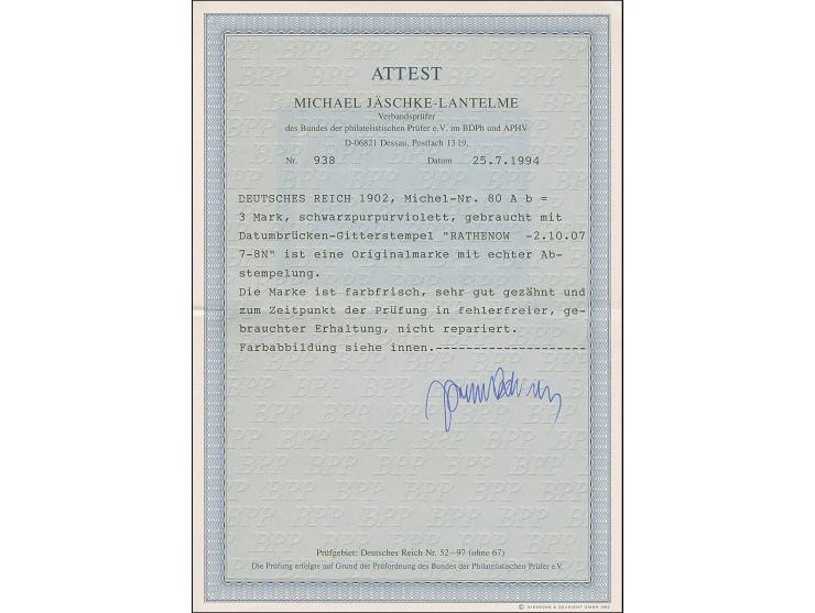3 M. schwarzpurpurviolett, gez. 26:17, mit Firmen Lochung "EB" sauber entwertet "RATHENOW 2.10.07". Einwandfrei. Fotoattest J
