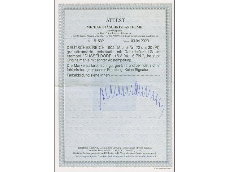 20 Pfg. grauultramarin, farbfrisch und gut gezähnt, sauber gestempelt "DÜSSELDORF 15.3.04". Einwandfreies Stück der seltenen 