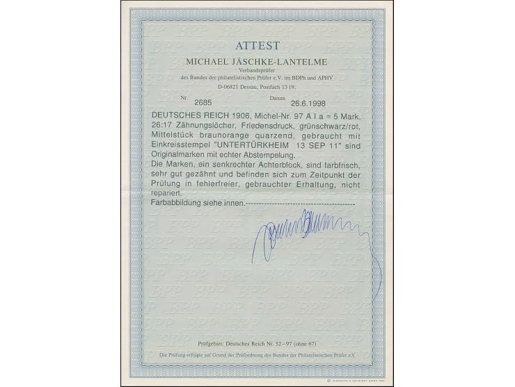 Friedensdruck 5 M. gelblichrot quarzend, senkrechter 8er-Block, sauber entwertet "UNTERTÜRKHEIM 13 SEP 11". Einwandfrei. Foto