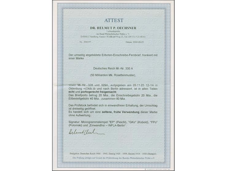 Korbdeckel 50 Mrd. M., 20 Mrd. M. und 10 Mrd. M. gezähnt je mit Stempel “OLDENBURG 23.11.23” als tarifgerechte Frankatur auf 