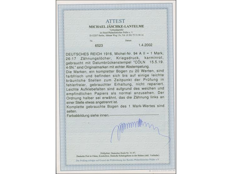 1 M. dunkelkarminrot gez. 26:17, kpl. Bogen mit 20 Werten und Platten-Nummer "5" im Unterrand, sauber entwertet "CÖLN 15.5.19