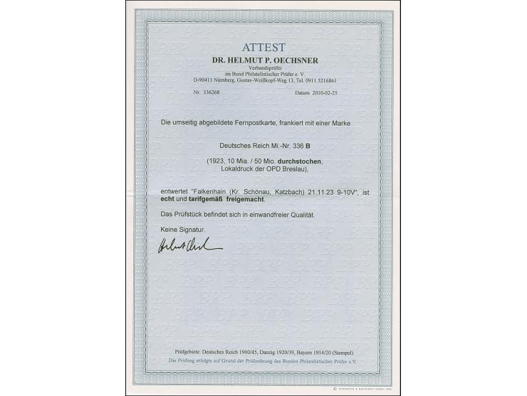 10 Mrd. auf 50 Mio. M. durchstochen mit Stempel “FALKENSTEIN (Kr. Schönau, Katzbach) 21.11.23” als tarifgerechte Einzelfranka