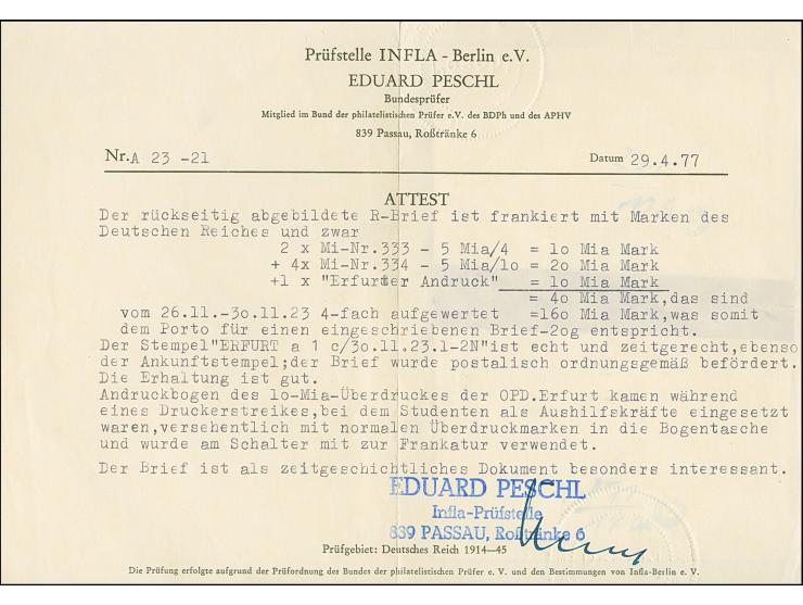 “Erfurter Andruck” 10 Mrd., waagerechtes Randpaar 5 Mrd. auf 4 Mio. M. und Viererblock 5 Mrd. auf 10 Mio. M. gezähnt je mit S