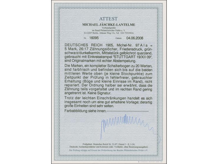 Friedensdruck 5 M., Mittelstück gelblichrot quarzend, kompletter Bogen mit allen Bogenrändern, sauber gestempelt "STUTTGART 1