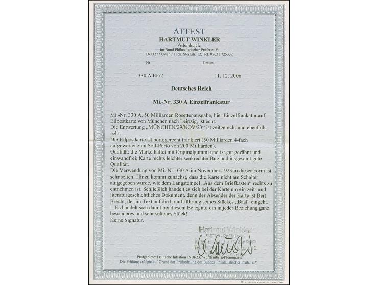 Korbdeckel 50 Mrd. M. gezähnt mit Stempel “MUENCHEN 2 B.P. 29.NOV.23” als tarifgerechte Einzelfrankatur auf Eilboten-Karte mi