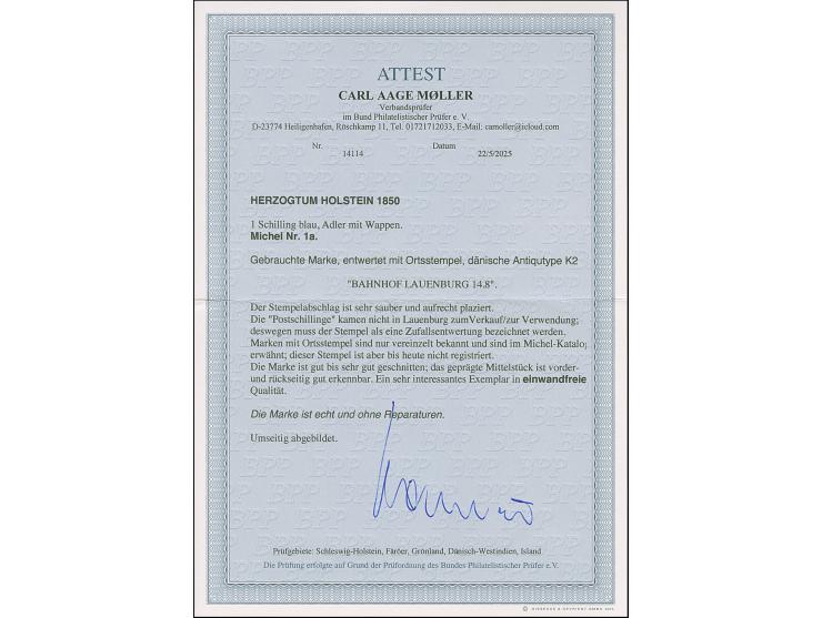 1850, 1 Sch. blau, farbfrisch und gut geprägt, allseits voll- bis meist breitrandig geschnitten, tadellos, mit sauber und ger