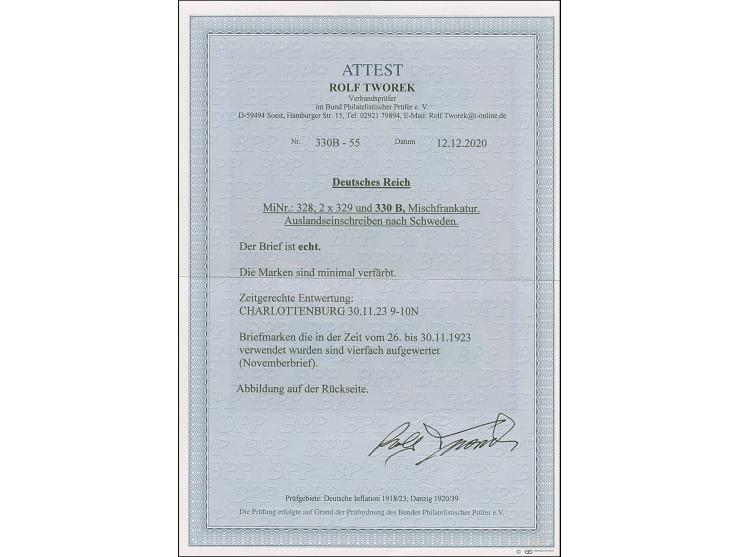 Korbdeckel 50 Mrd. M. durchstochen, senkrechtes Paar 20 Mrd. M. gezähnt und Einzelmarke 10 Mrd. M. gezähnt je mit Stempel “CH