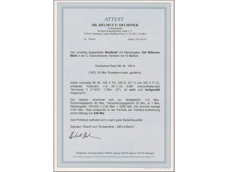 Korbdeckel 50 Mrd. M. gezähnt, vier senkrechte Paare und zwei Einzelmarken sowie senkrechtes Paar 20 Mrd. M. gezähnt, 5 Mrd. 