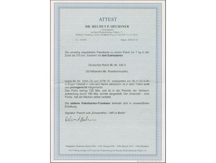 Korbdeckel 50 Mrd. M. im waagerechten Paar und Einzelmarke sowie senkrechter Dreierstreifen 5 Mrd. auf 10 Mio. Mark gezähnt u