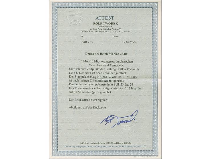 5 Mrd. auf 10 Mio. M. durchstochen im Viererblock mit Stempel “NEDLITZ 28.11.24” (Fehleinstellung, richtig 1923) als tarifger