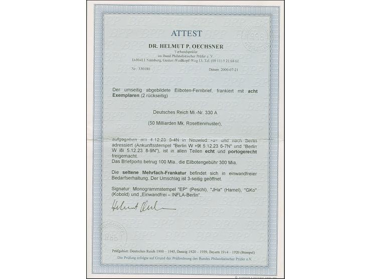 Korbdeckel 50 Mrd. M. gezähnt, acht Einzelmarken je mit Stempel “NEUWIED 4.12.23” als tarifgerechte Mehrfachfrankatur vorder-