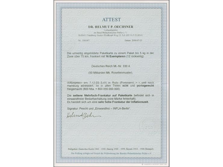 Korbdeckel 50 Mrd. M. gezähnt im angetrennten 8er-Block, Viererblock und senkrechten Viererstreifen jeweils mit Stempel “ROHR