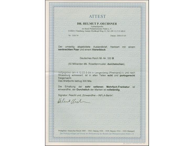 Korbdeckel 50 Mrd. M. durchstochen im Viererblock und senkrechtem Paar jeweils mit Stempel “LANGENBERG 4.12.23” auf unterfran