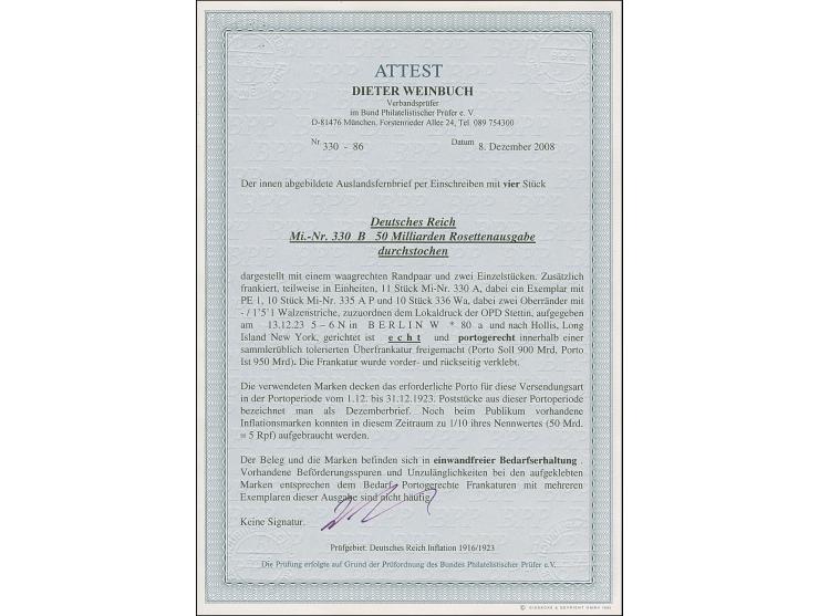 Korbdeckel 50 Mrd. M. durchstochen im Randpaar und zwei Einzelmarken, 50 Mrd. M. gezähnt im 6er-Block mit Unterrand und fünf 