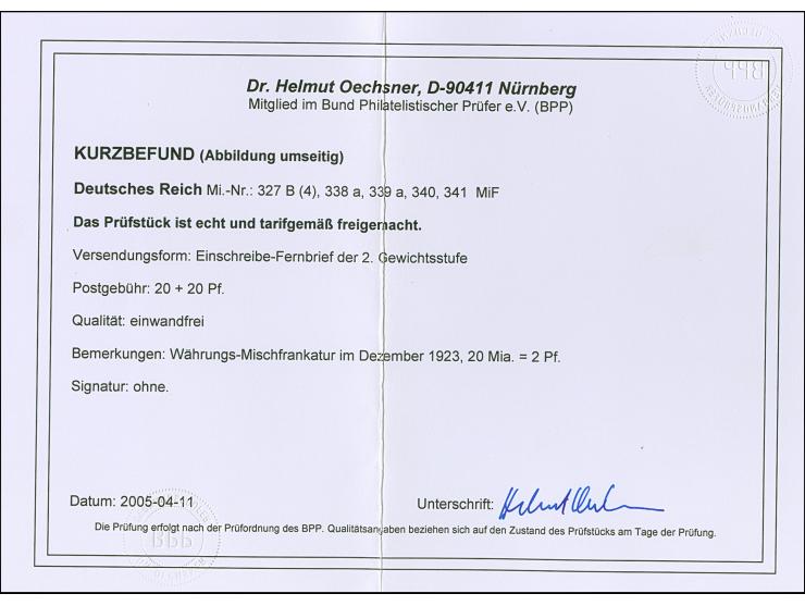 Korbedeckel 5 Mrd. M. durchstochen im Viererblock mit Unterrand und HAN “H 6308.23 24” in Mischfrankatur mit Rentenpfennig 3-
