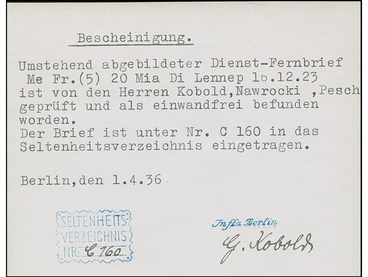 Schlangenaufdruck 20 Mrd. M. im Viererblock und Einzelmarke je mit Stempel “LENNEP 14.12.23” als tarifgerechte Mehrfachfranka