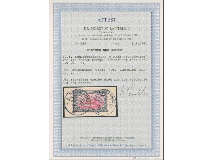 “NAMATANAI (DNG) 13.3.12” zweimal klar auf Kaiseryacht 5 M. auf Briefstück, in einwandfreier Erhaltung. Ein schönes Exemplar 