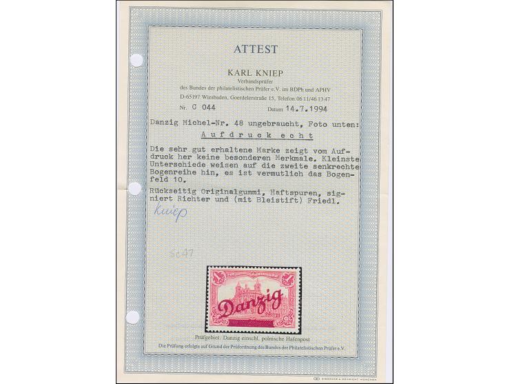 Großer Innendienst 60 Pfg.-2M., je farbfrisch und gut gezähnt, 60 Pfg. von Aufdruckfeld 29, 1 M. vermutlich von Bogenfeld 10 